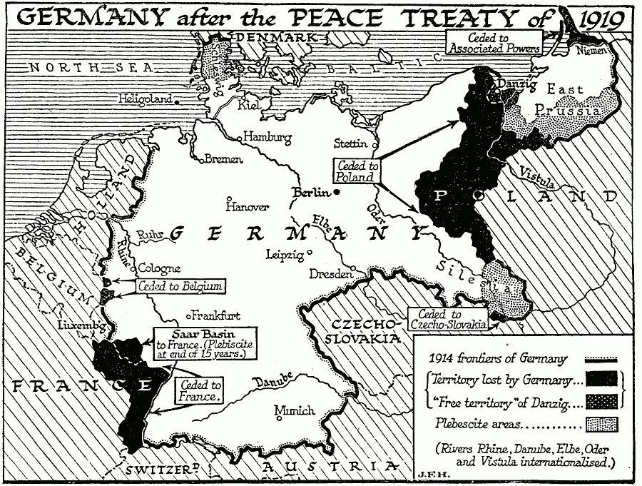Black and white map uses different patterns to distinguish between Germany in 1914 and Germany in 1919. Land around the country was ceded to Belgium, Poland, France, and Czecho-Slovakia. Key cities and bordering countries are shown on the map.
